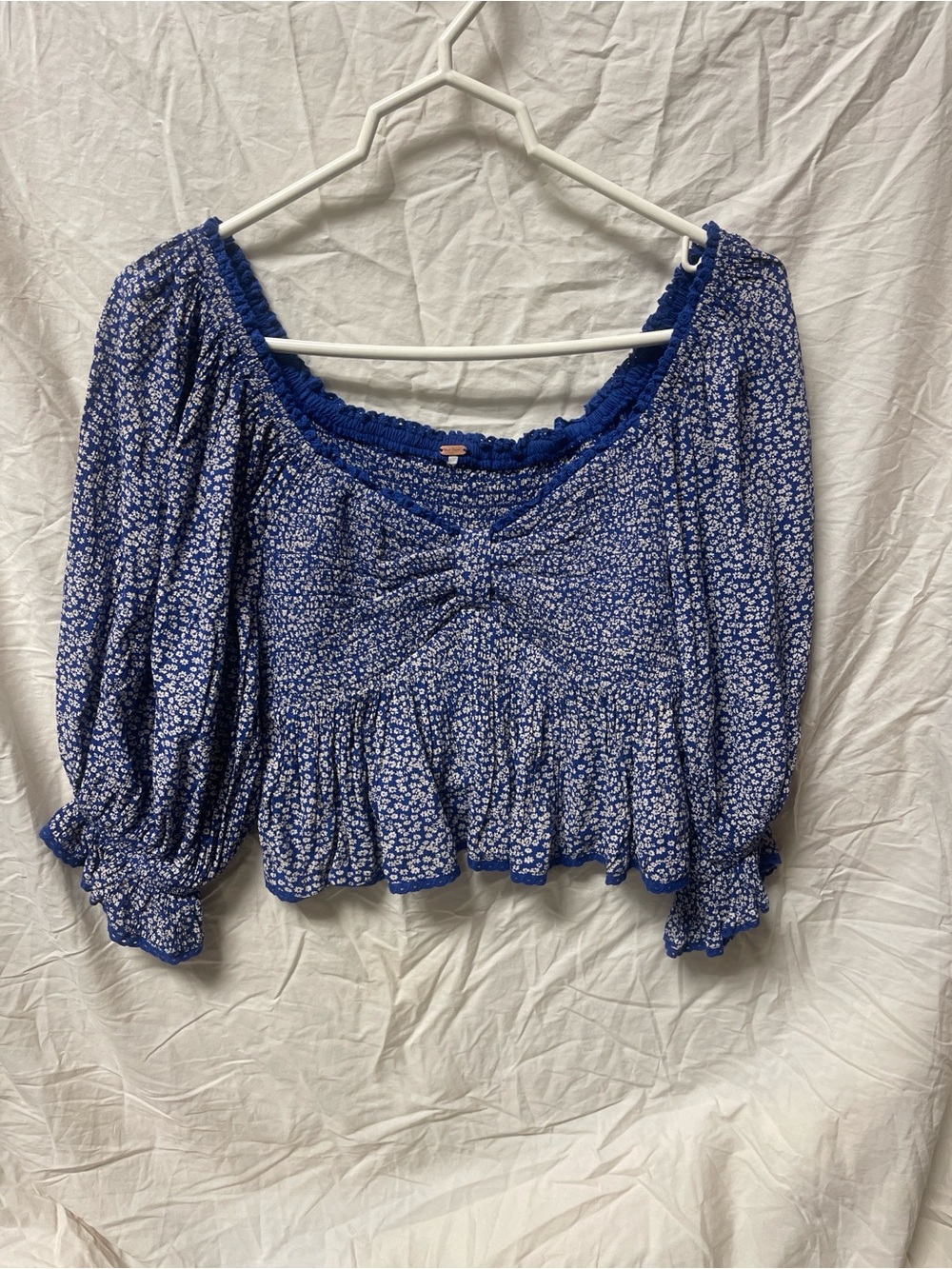 Free People Brittnee Smocked Floral Puff Sleeve Peplum Top Blue Size S